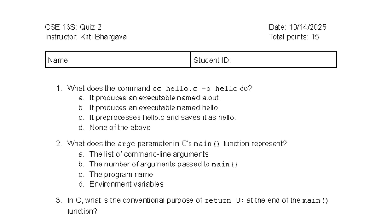 CSE 13S: Quiz 2 - C Programming Concepts in C - Studocu