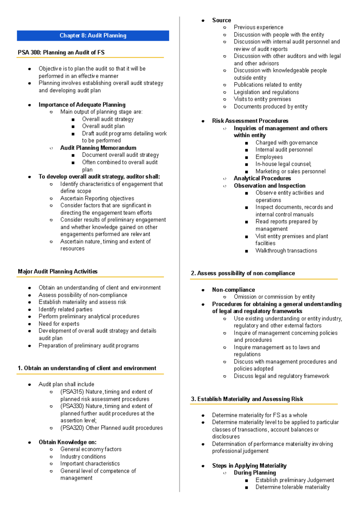 Audit Notes: Chapter 8 & 9 - Planning and Internal Control (PSA 300 ...