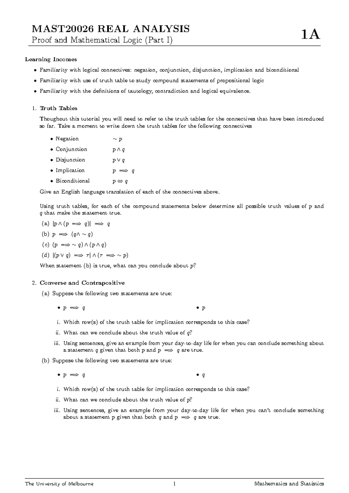 MAST20026 Real Analysis 1A: Proof & Logic Tutorial 1 Notes - Studocu