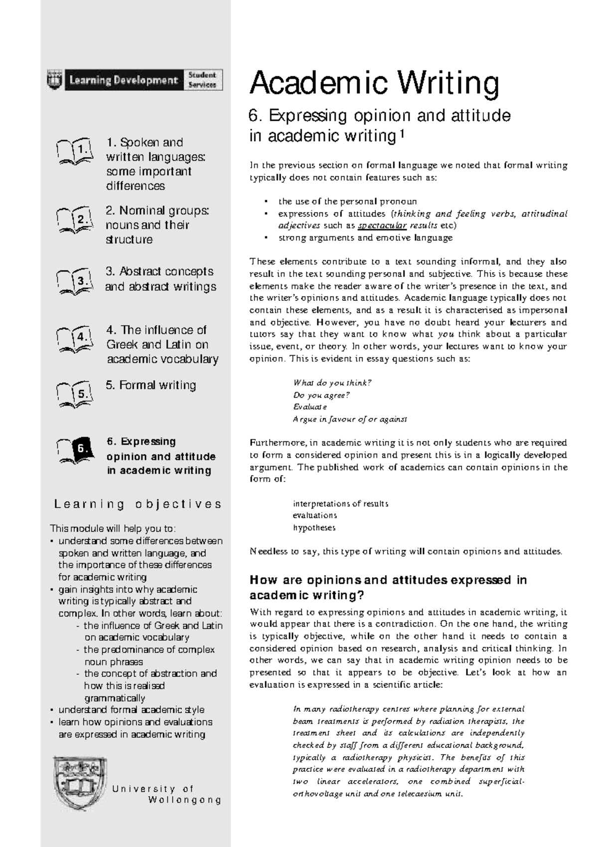 UOW Academic Writing 1: Expressing Opinion and Attitude in Writing ...
