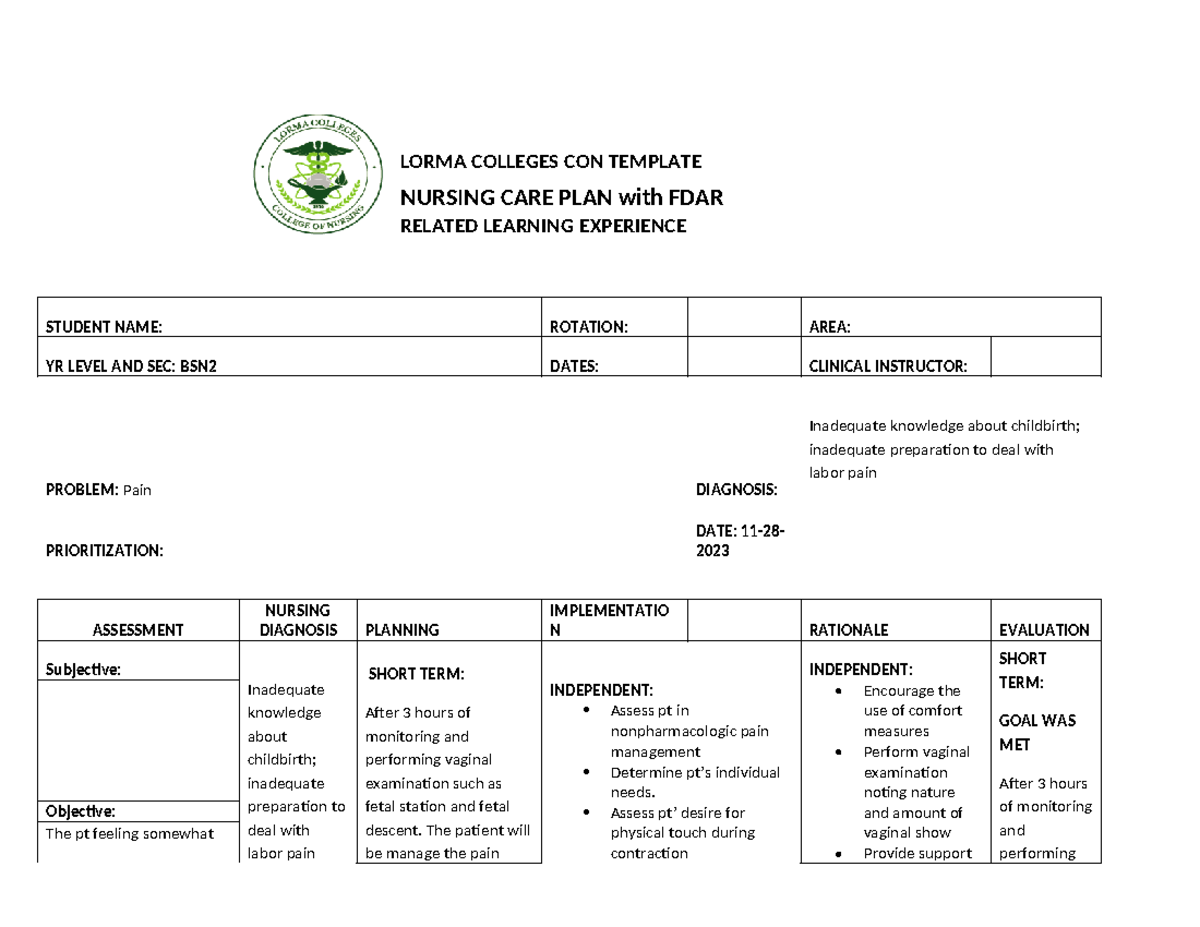 NCP 101: Pain Management in Childbirth Nursing Care Plan - Studocu