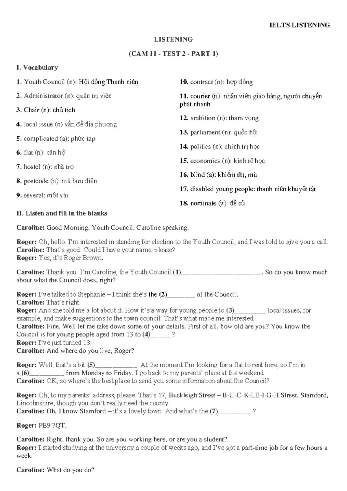 Listening Practice (CAM 11 - TEST 2 - PART 1) - Studocu