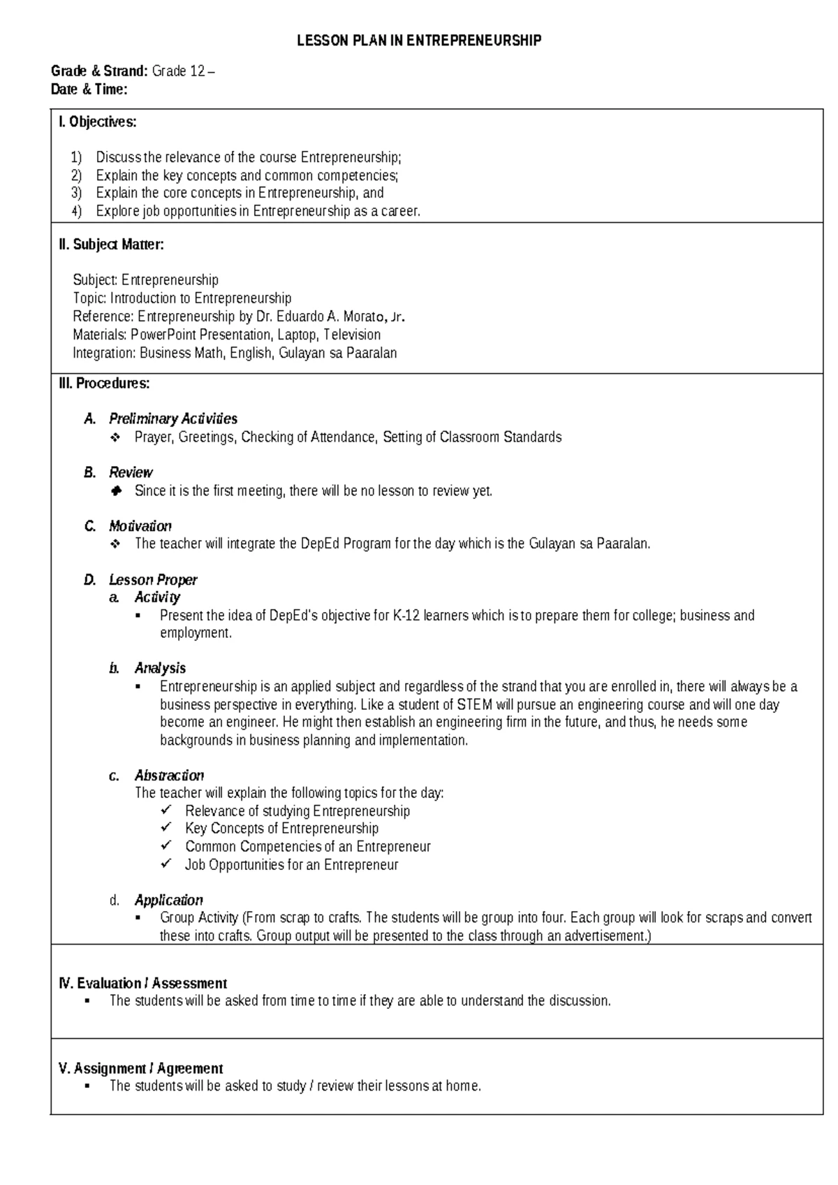 Lesson Plan in Entrepreneurship (ENTREP 101): Objectives & Activities ...