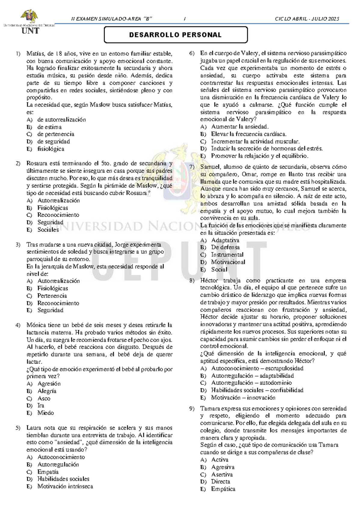 II EXAMEN 2-B CICLO ABRIL JULIO 2025: DESARROLLO PERSONAL Y CIENCIAS ...