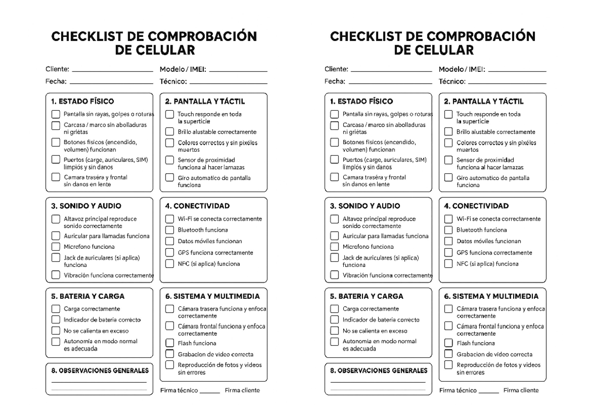 CHECKLIST DE COMPROBACIÓN DE CELULAR - CLIENTE Y TÉCNICO - Studocu