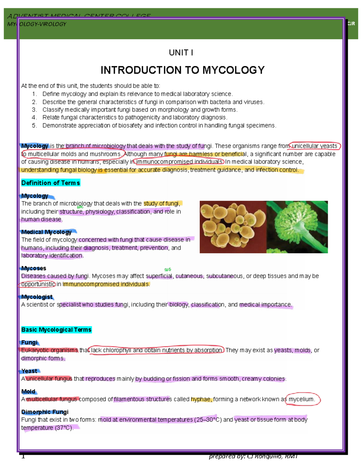 CJR UNIT I: Introduction to Mycology and Fungal Pathogenicity - Studocu