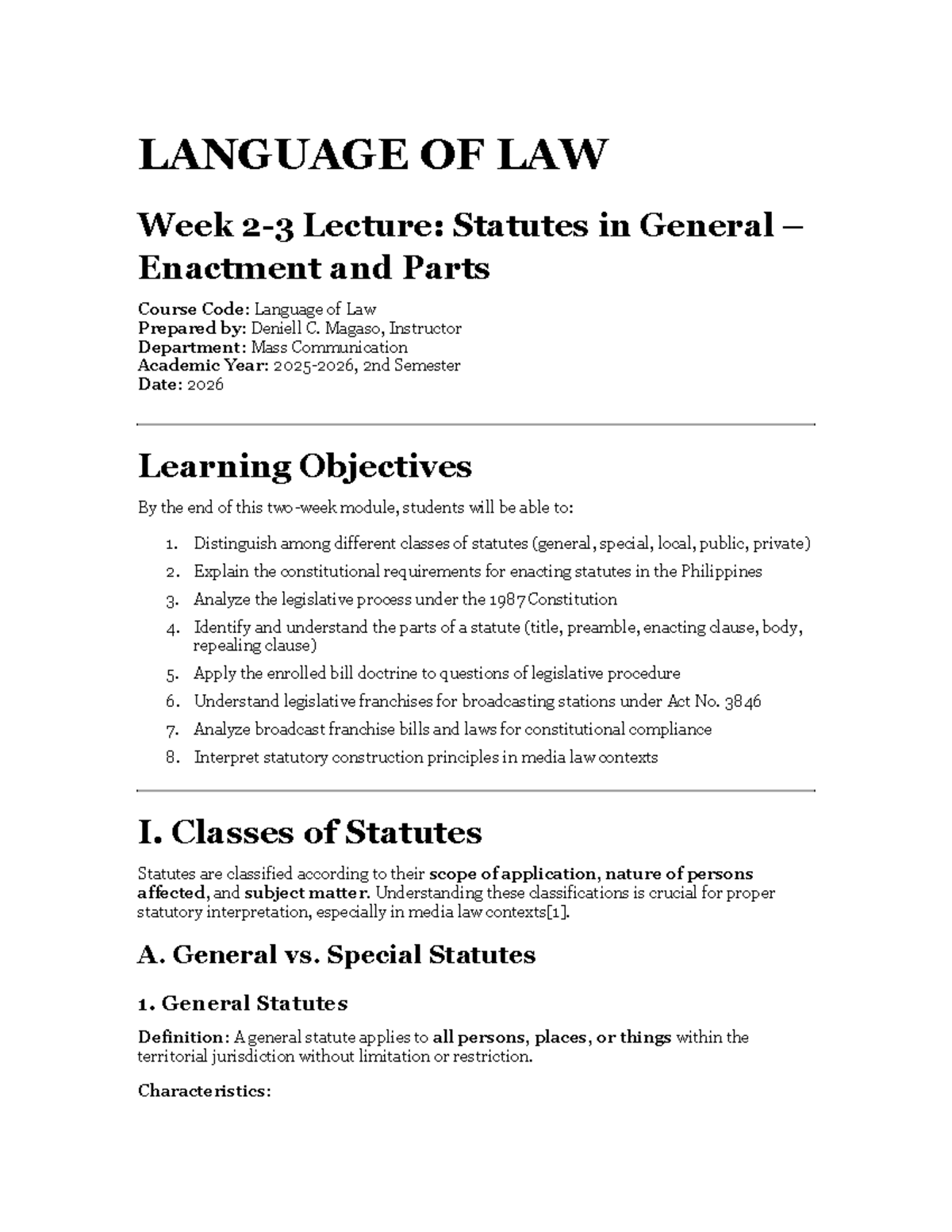 LANGUAGE OF LAW Week Lecture: Statutes and Legislative Process - Studocu