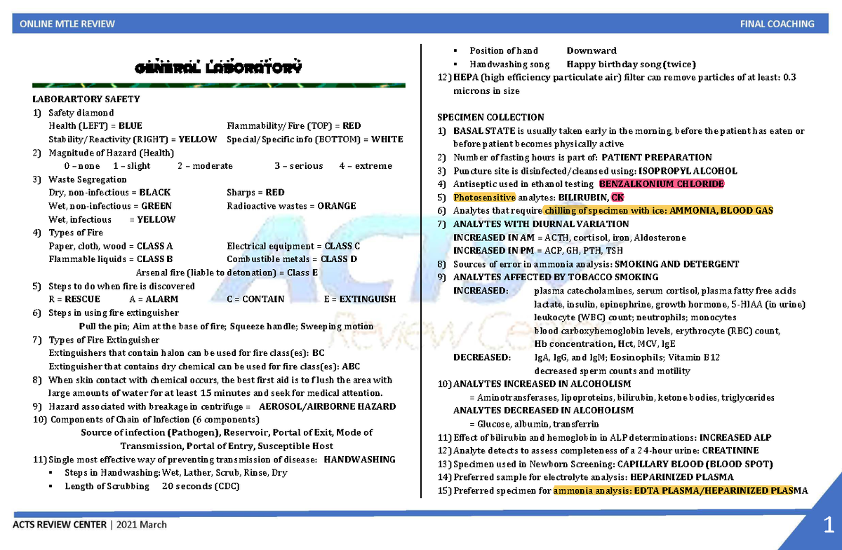 ACTS 101 Final Exam Review Notes on Laboratory Safety and Procedures ...