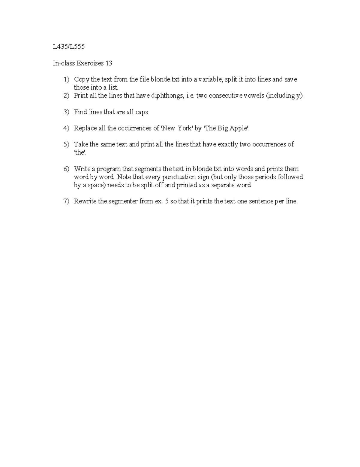Inclass 13regex - Exercise for REGEX - L435/L In-class Exercises 13 1 ...