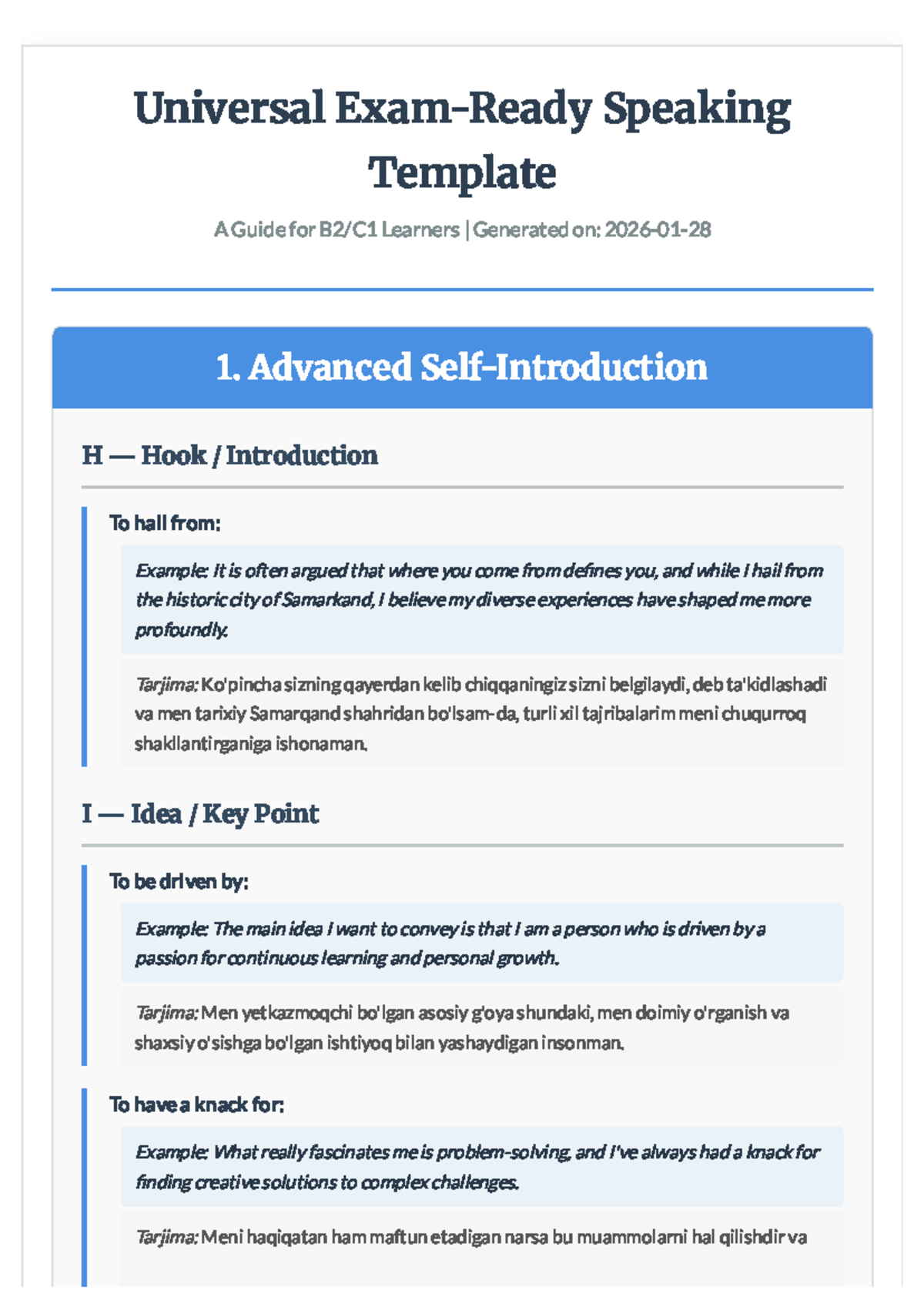 Universal Exam Ready Speaking Guide C1: A Comprehensive Template - Studocu