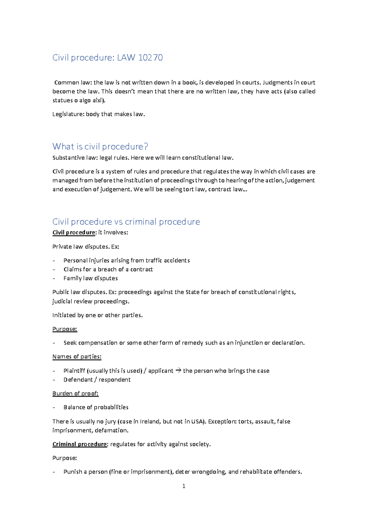 Civil Procedure Full Notes: Overview and Key Concepts - LAW 10270 - Studocu