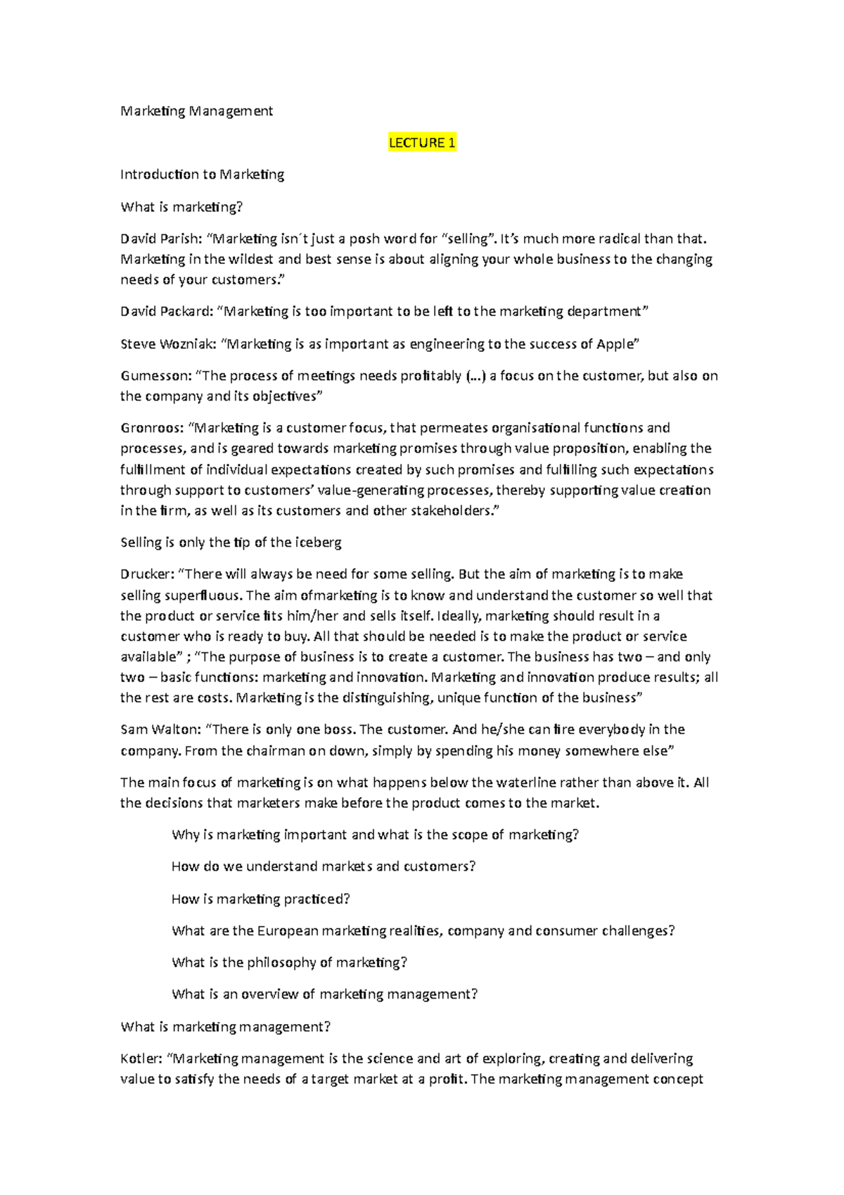 Marketing Management - Lecture Summaries and Key Concepts - Studocu