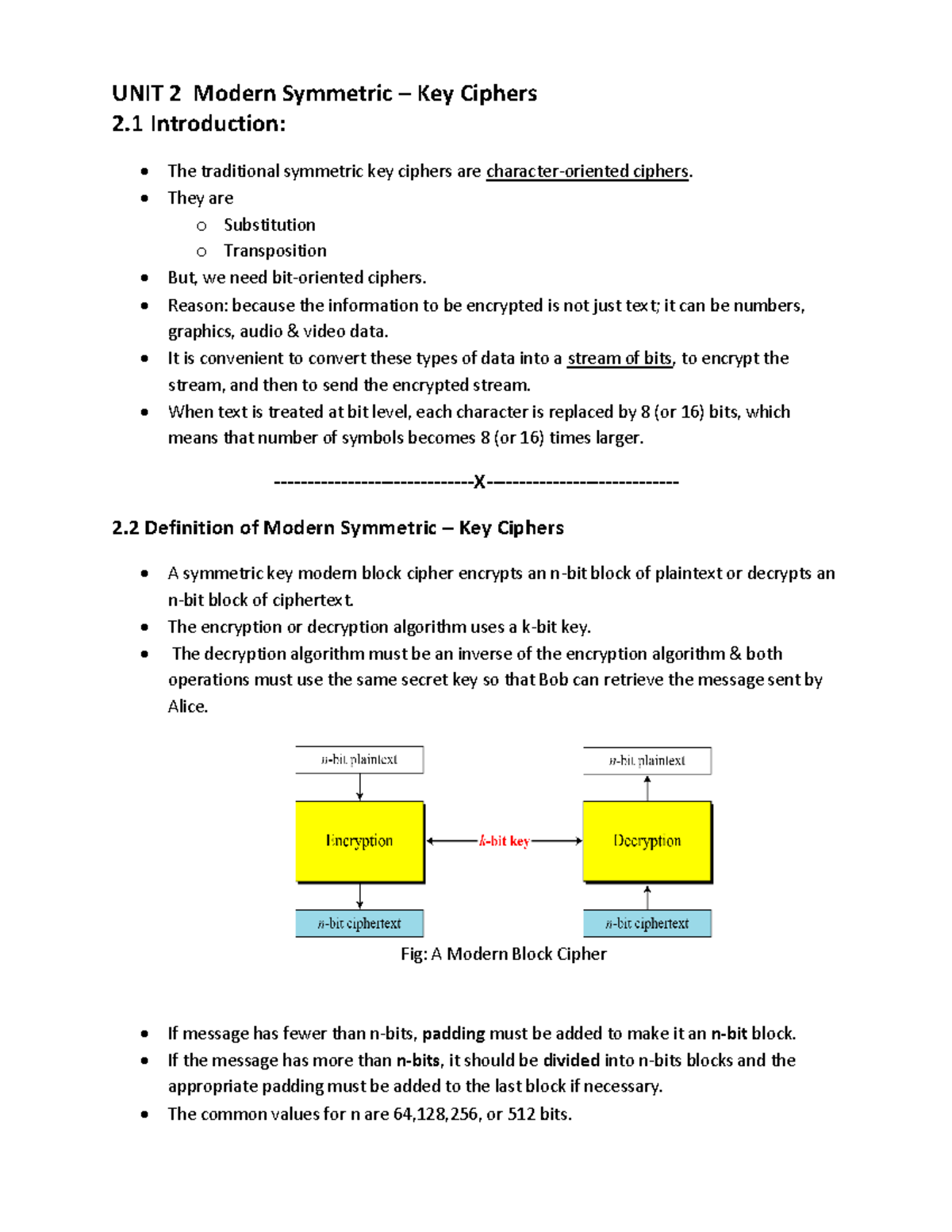 Modern Symmetric-Key Ciphers: Unit 2 Overview and Key Concepts - Studocu