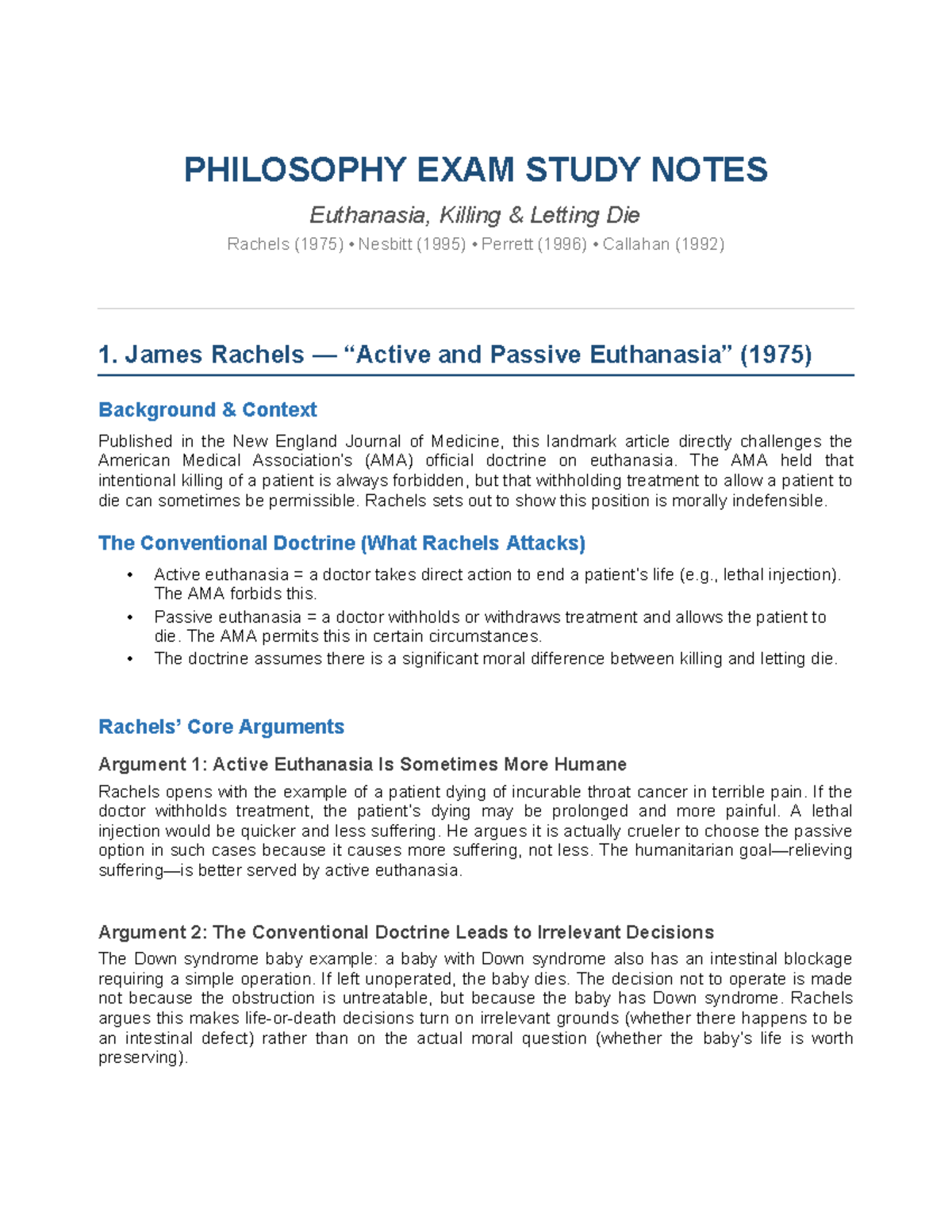 PHIL 101 FINAL EXAM STUDY NOTES: Euthanasia Arguments Summary - Studocu