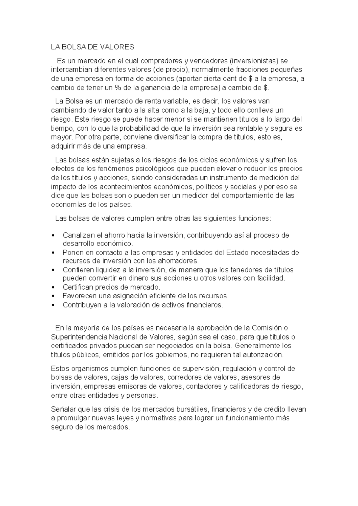 LA BOLSA DE VALORES: Funciones y Riesgos en el Mercado Bursátil - Studocu