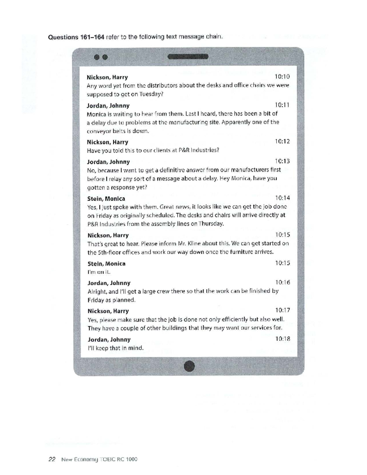 TOEIC RC: Text Message Chain Discussion on Office Furniture Delivery ...