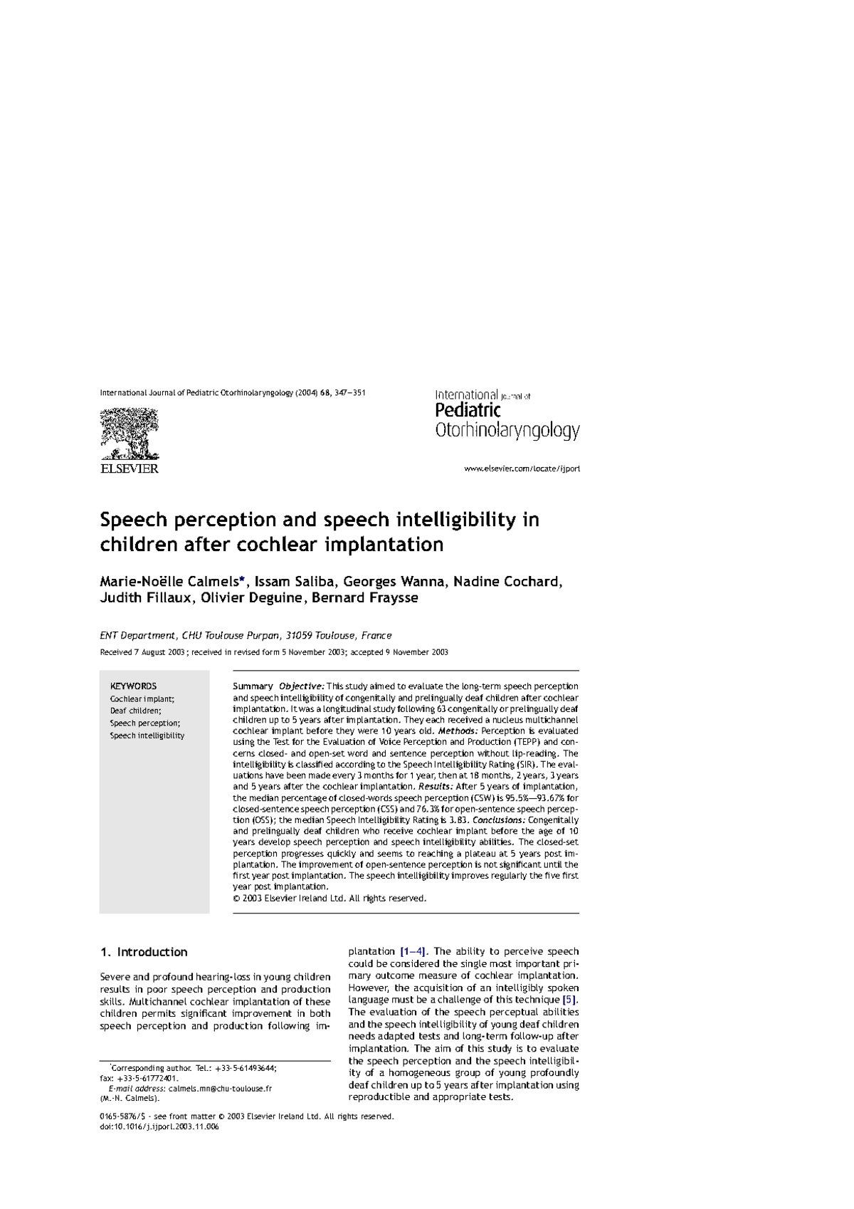 Speech Perception & Intelligibility in Children Post-Cochlear ...