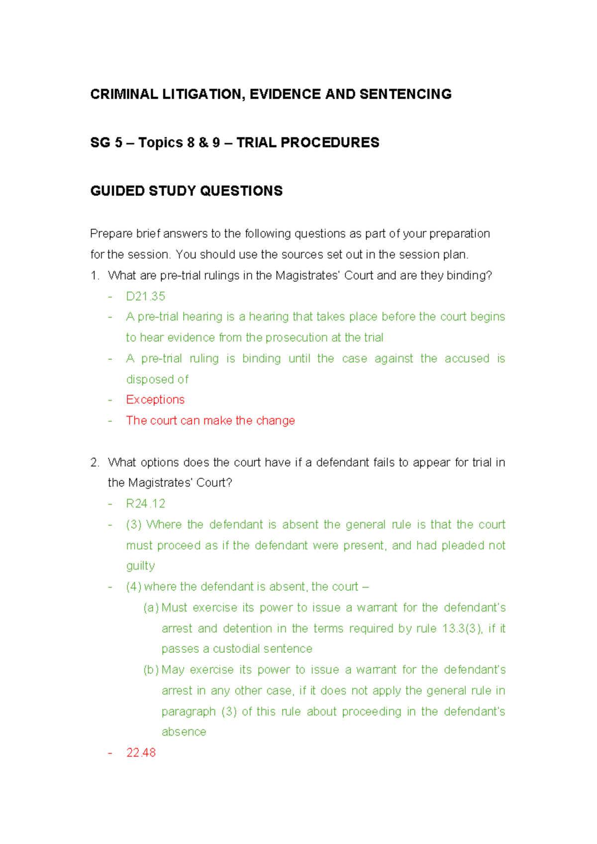 CRIMINAL LITIGATION SG5: Guided Study Questions on Trial Procedures ...