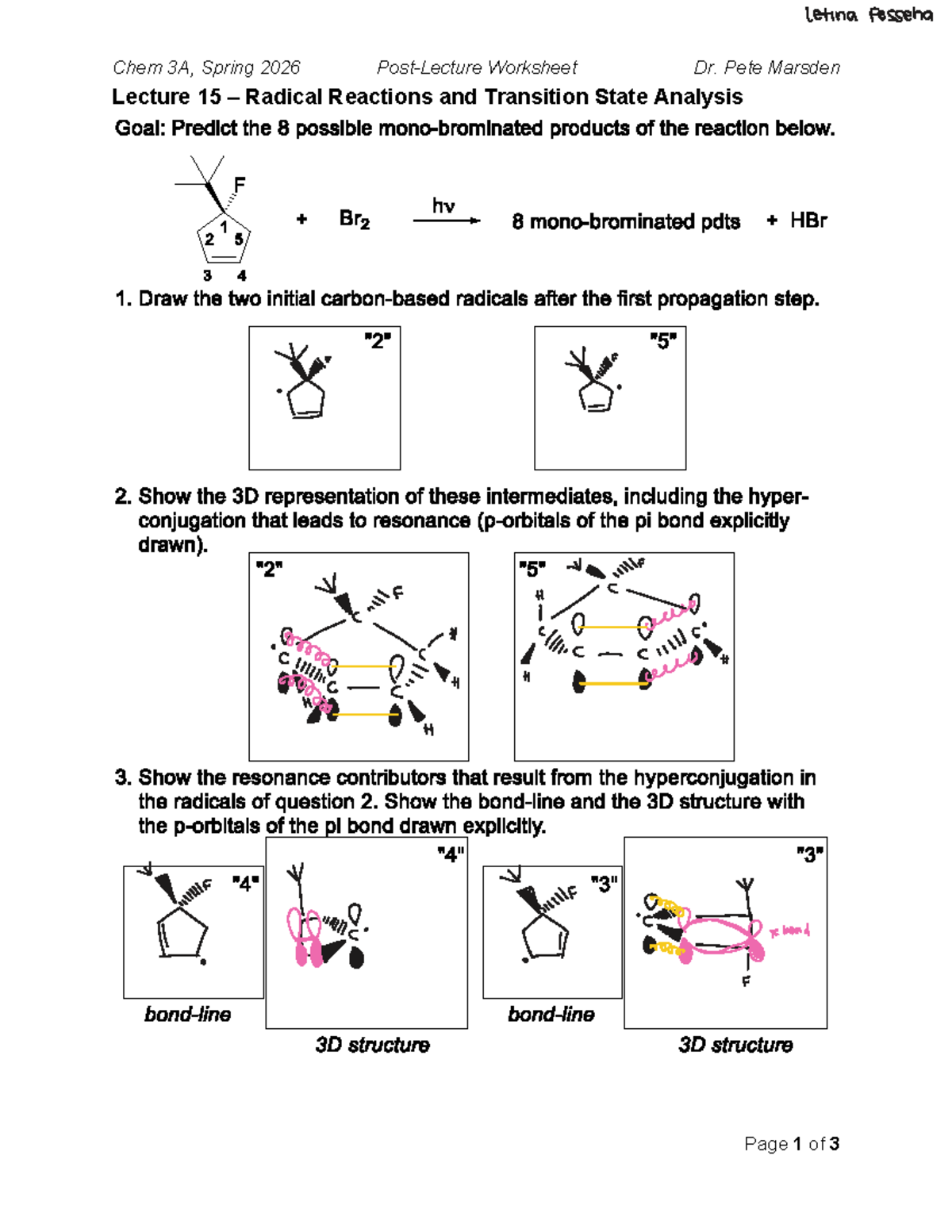 Chem 3A Spring 2026: Post-Lecture Worksheet for Lecture 15 - Studocu