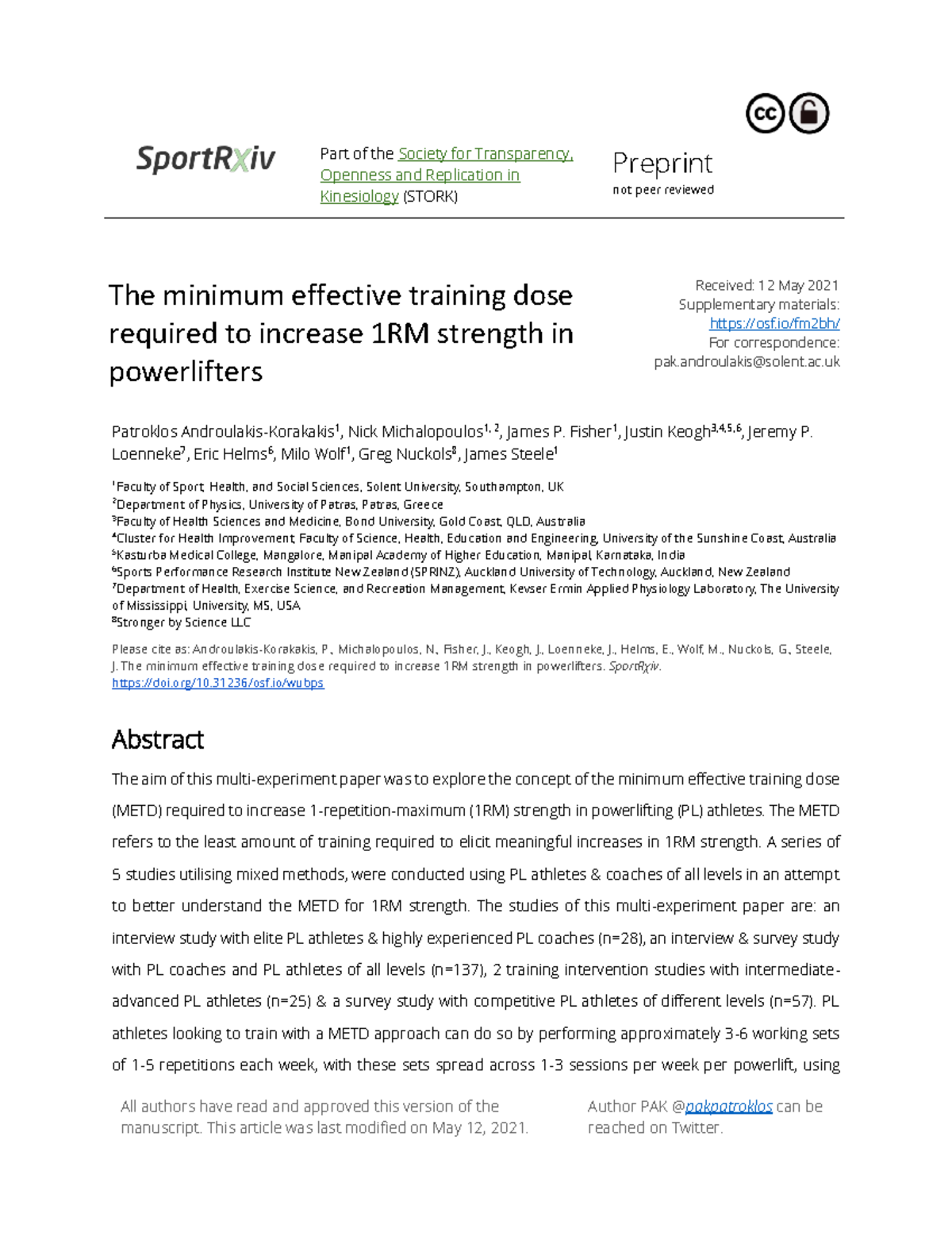 The minimum effective training dose for 1RM strength - Openness and Replication in Kinesiology ...