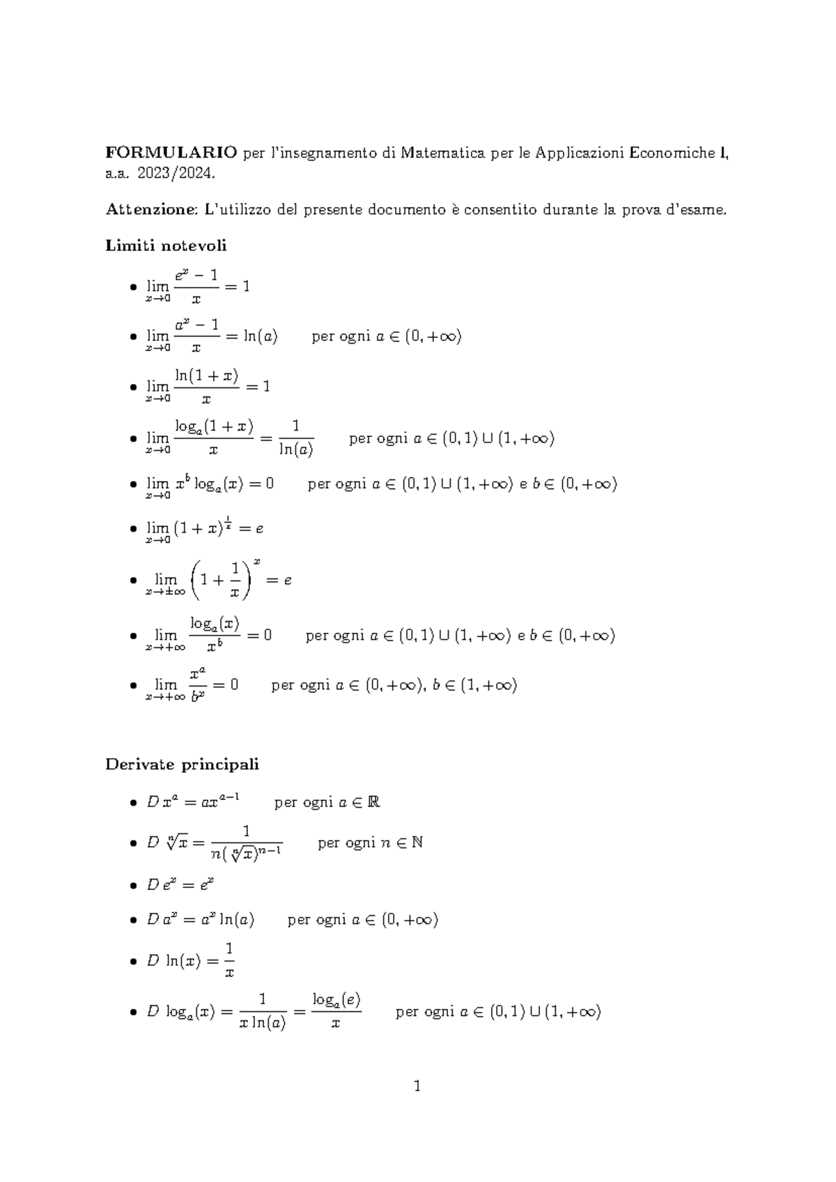 Formulario di Matematica per le Applicazioni Economiche I - 2023-2024 ...