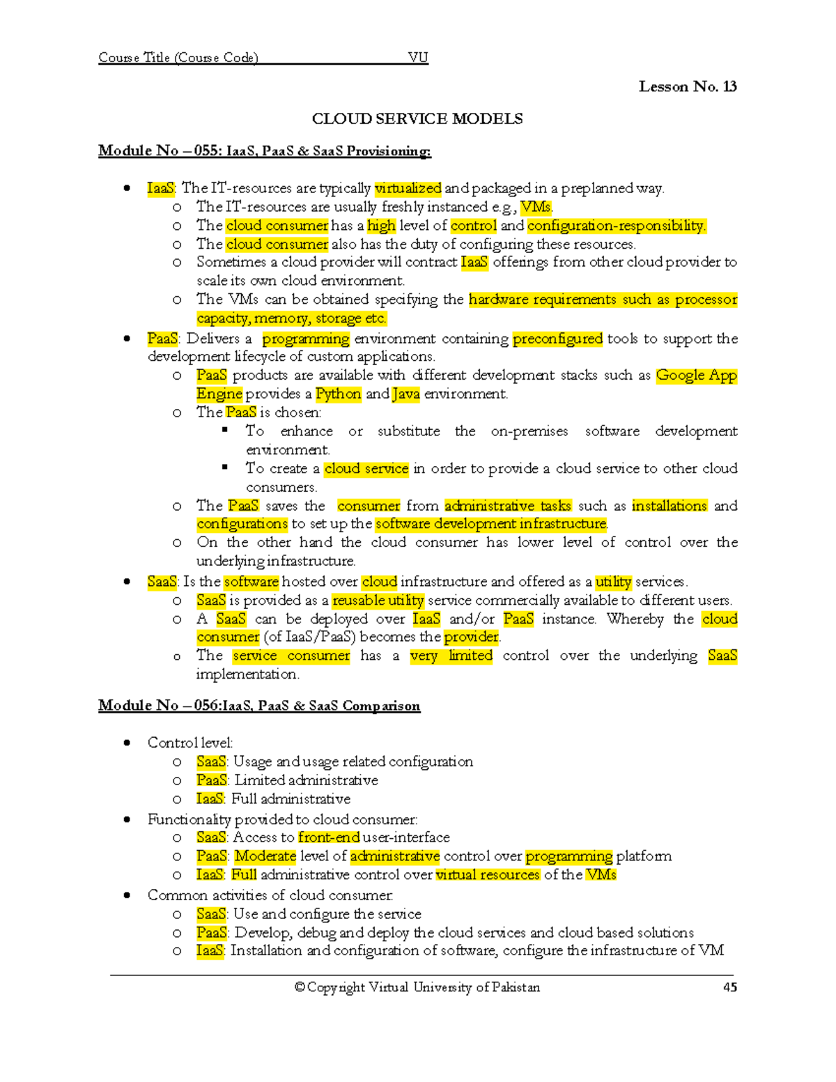 CS435 - Cloud Computing (Lesson 13-18) - Lesson No. 13 CLOUD SERVICE ...