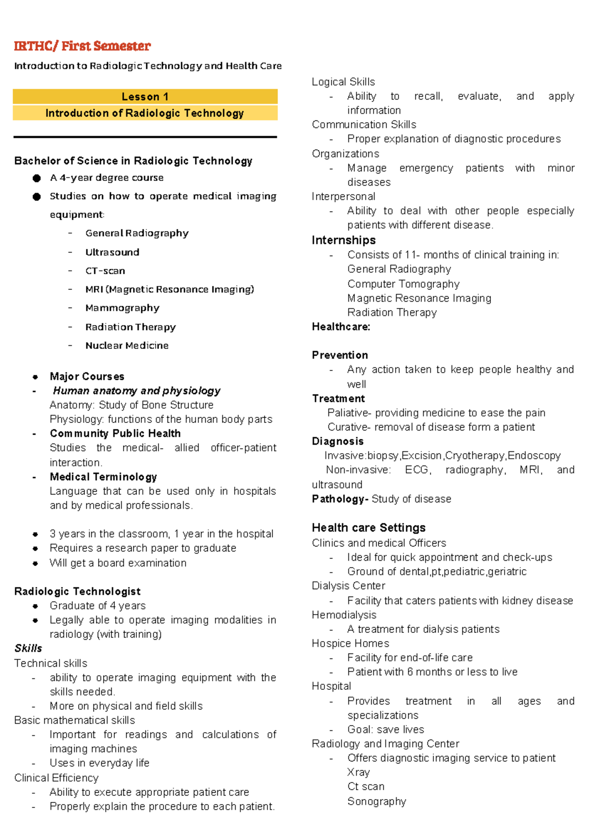 IRTHC First Semester: Lesson 1 Summary Notes on Radiologic Technology ...