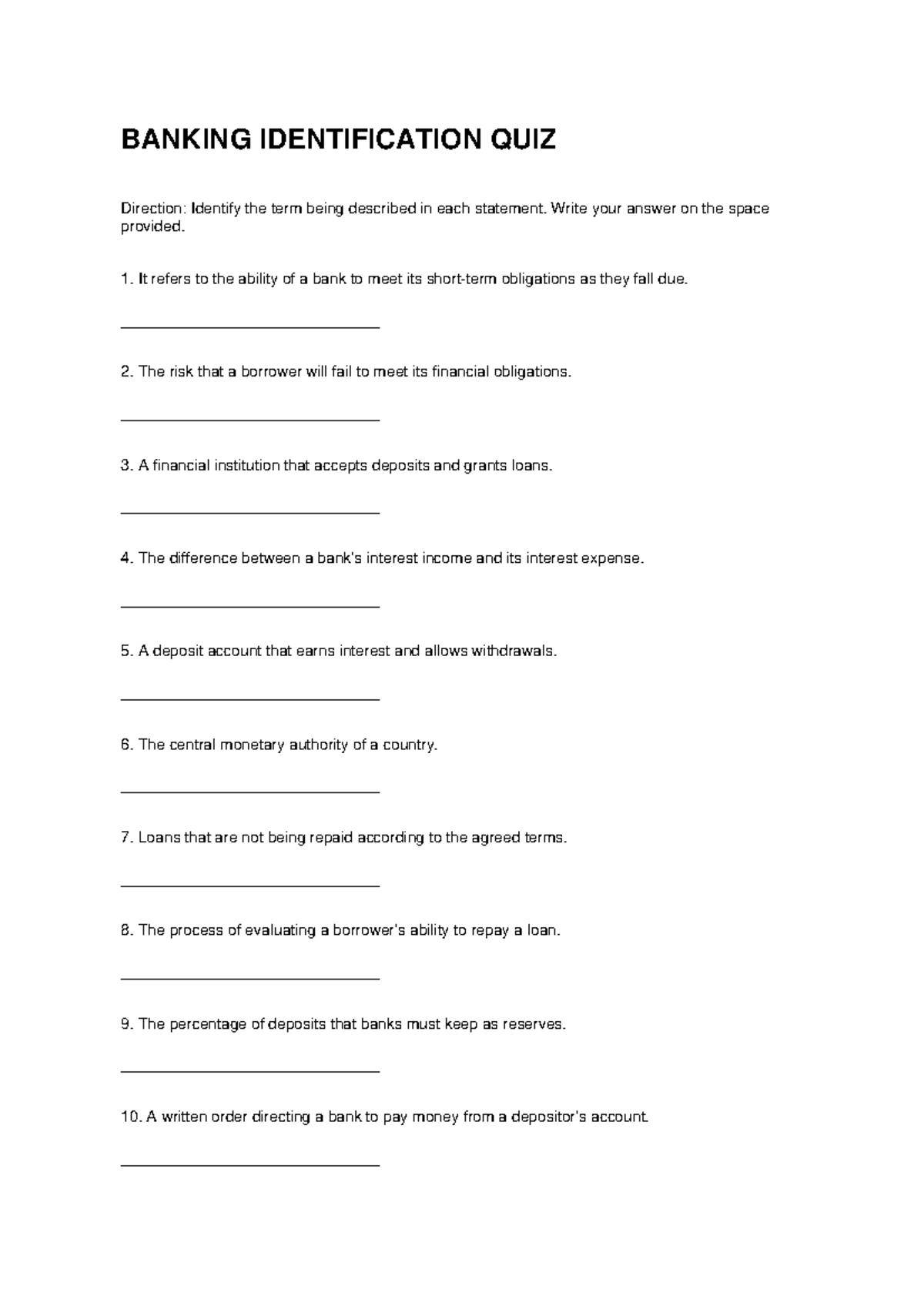 Banking Identification Quiz: Key Terms and Concepts - Studocu