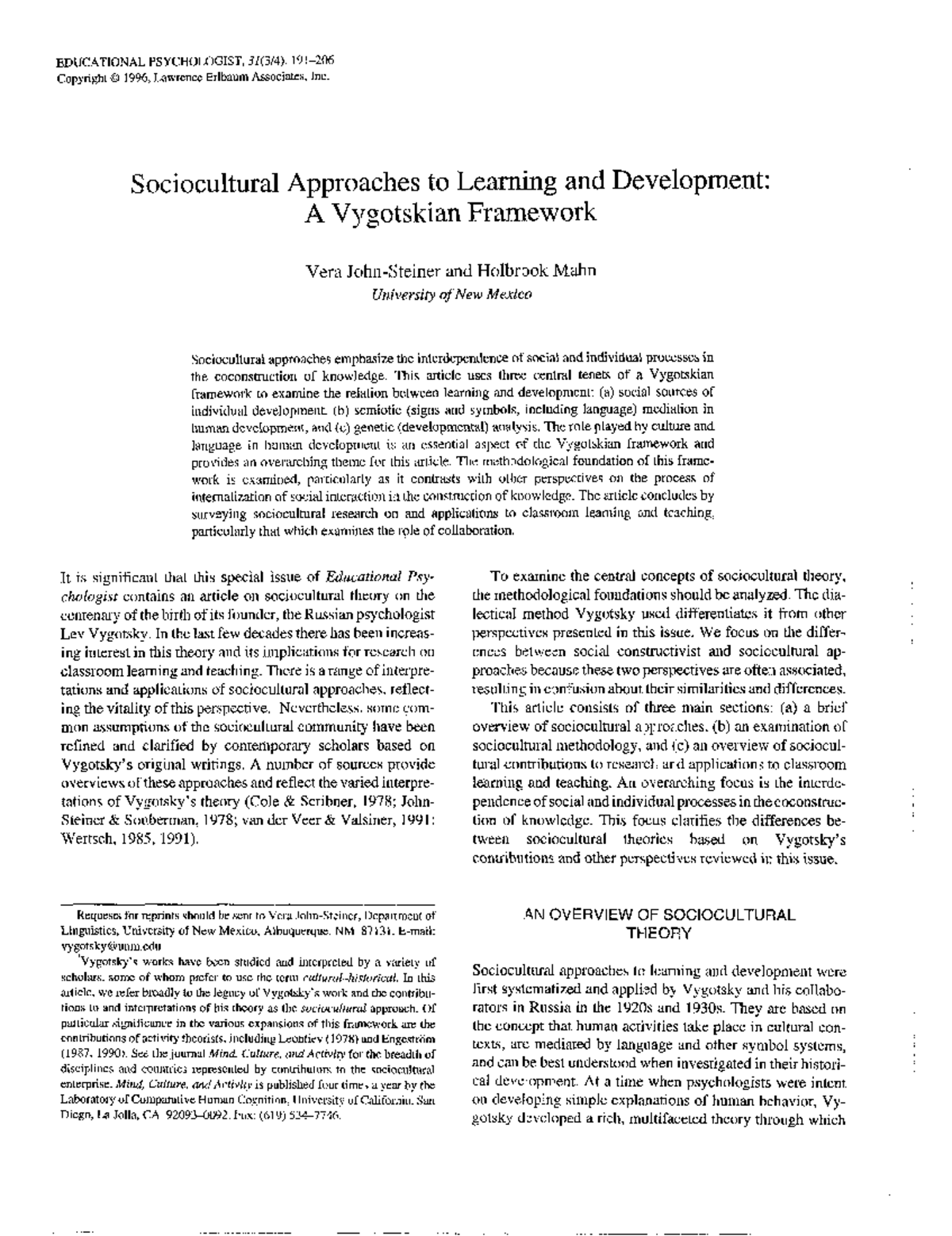 Sociocultural approaches to learning and development A Vygotskian ...