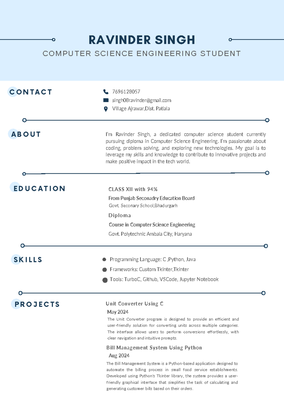 Computer Science Engineering Resume of Ravinder Singh - Minimalist ...