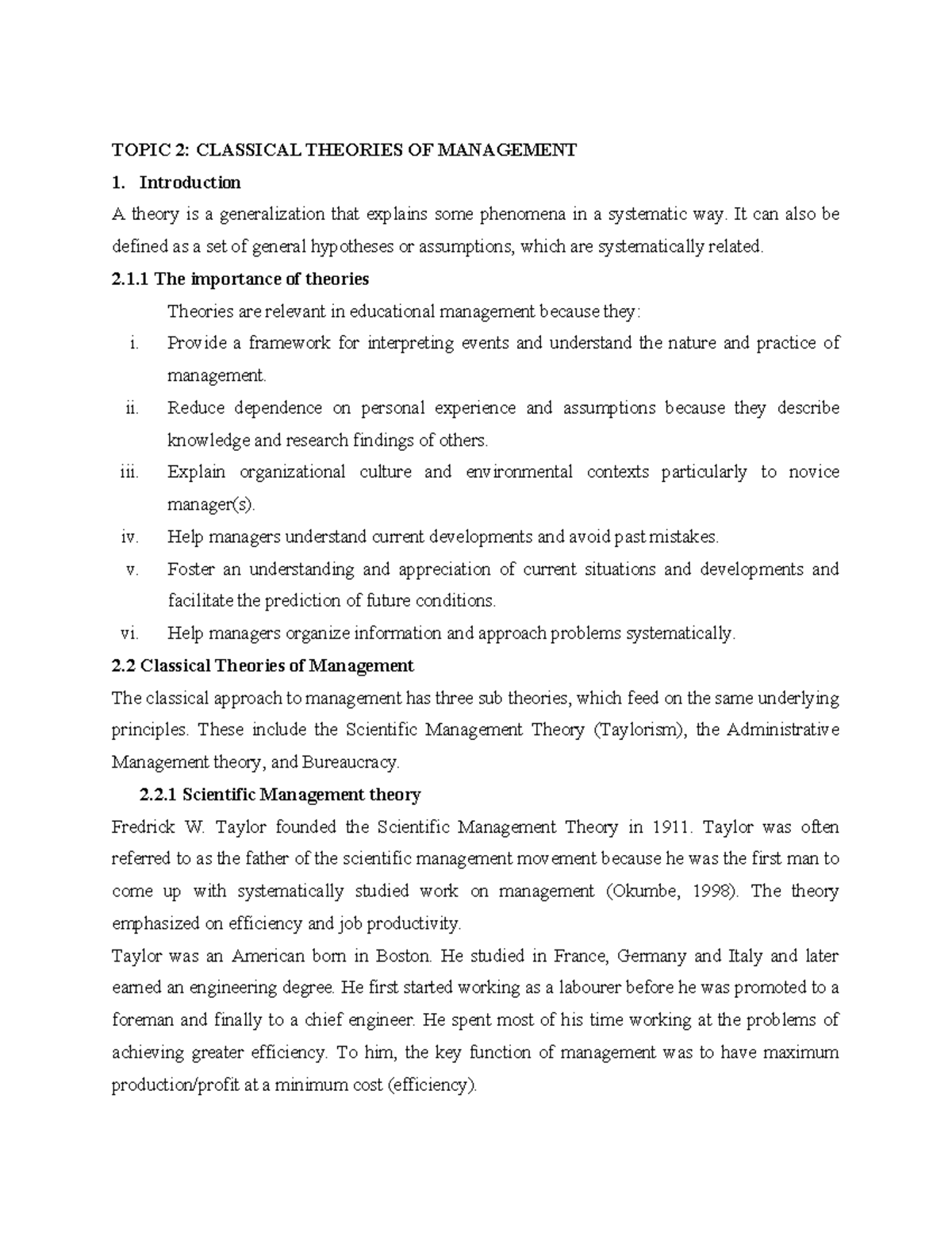 Lecture 2 Notes: Classical Theories of Management Overview - Studocu