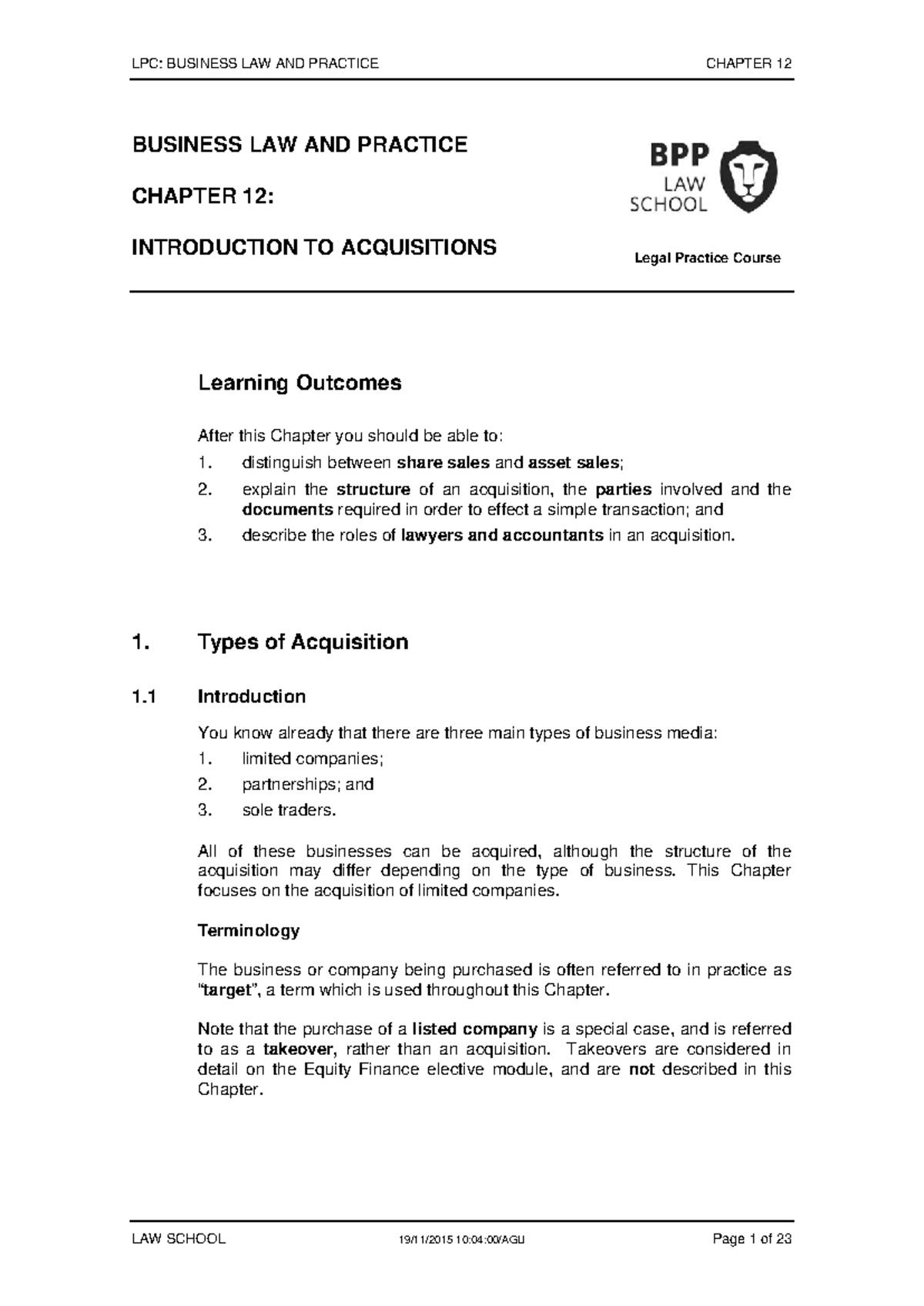 Chapter 12 - Introduction to Acquisitions - LPC: BUSINESS LAW AND