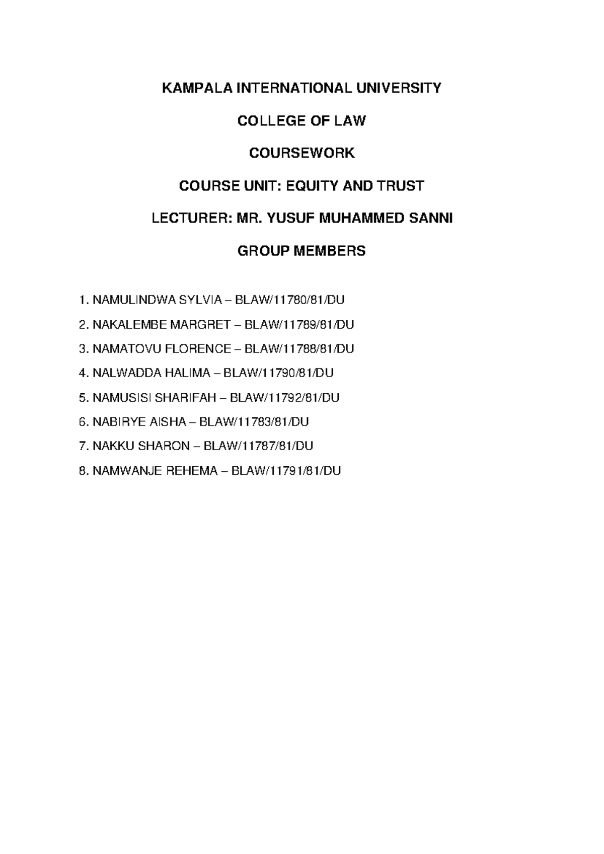 Equitable Remedies Group Coursework - KIU Law Unit - Studocu