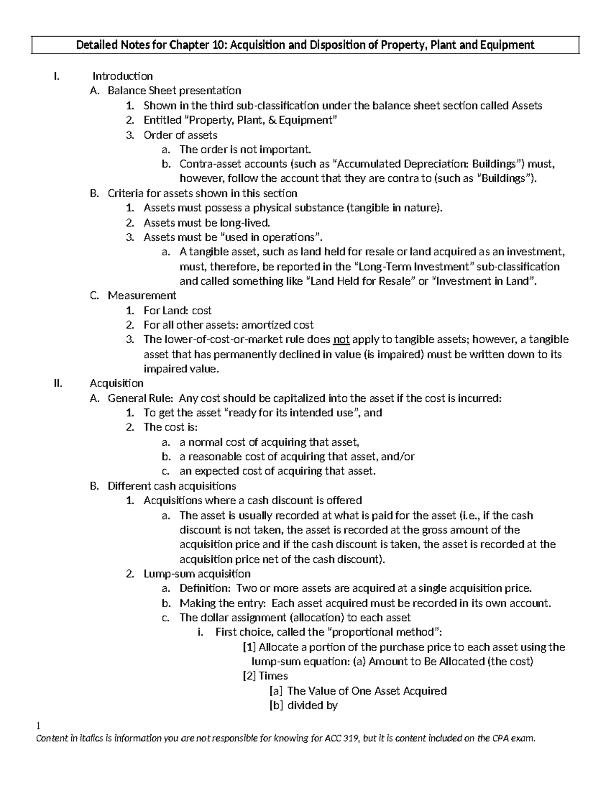 Detailed Notes on Property, Plant, and Equipment: Chapter 10 (ACC 319 ...