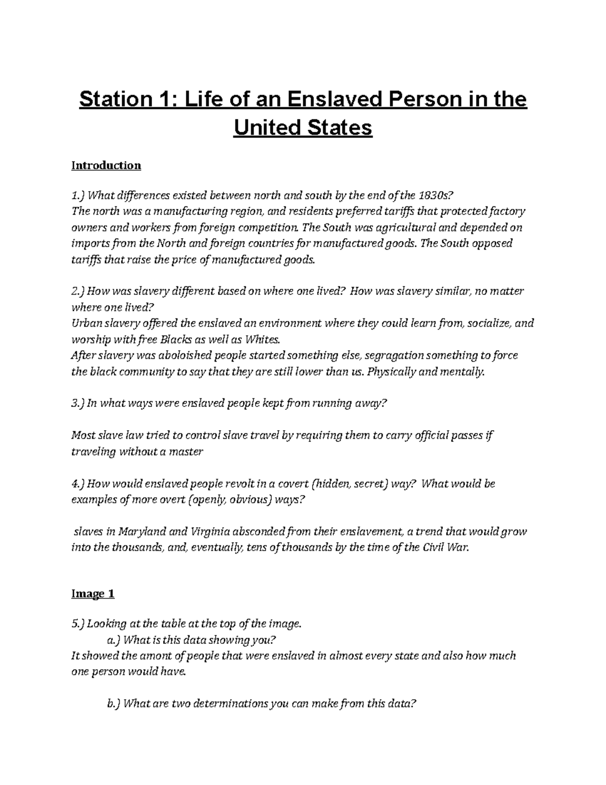 Life of an Enslaved Person in the United States - Station 1: Life of an ...