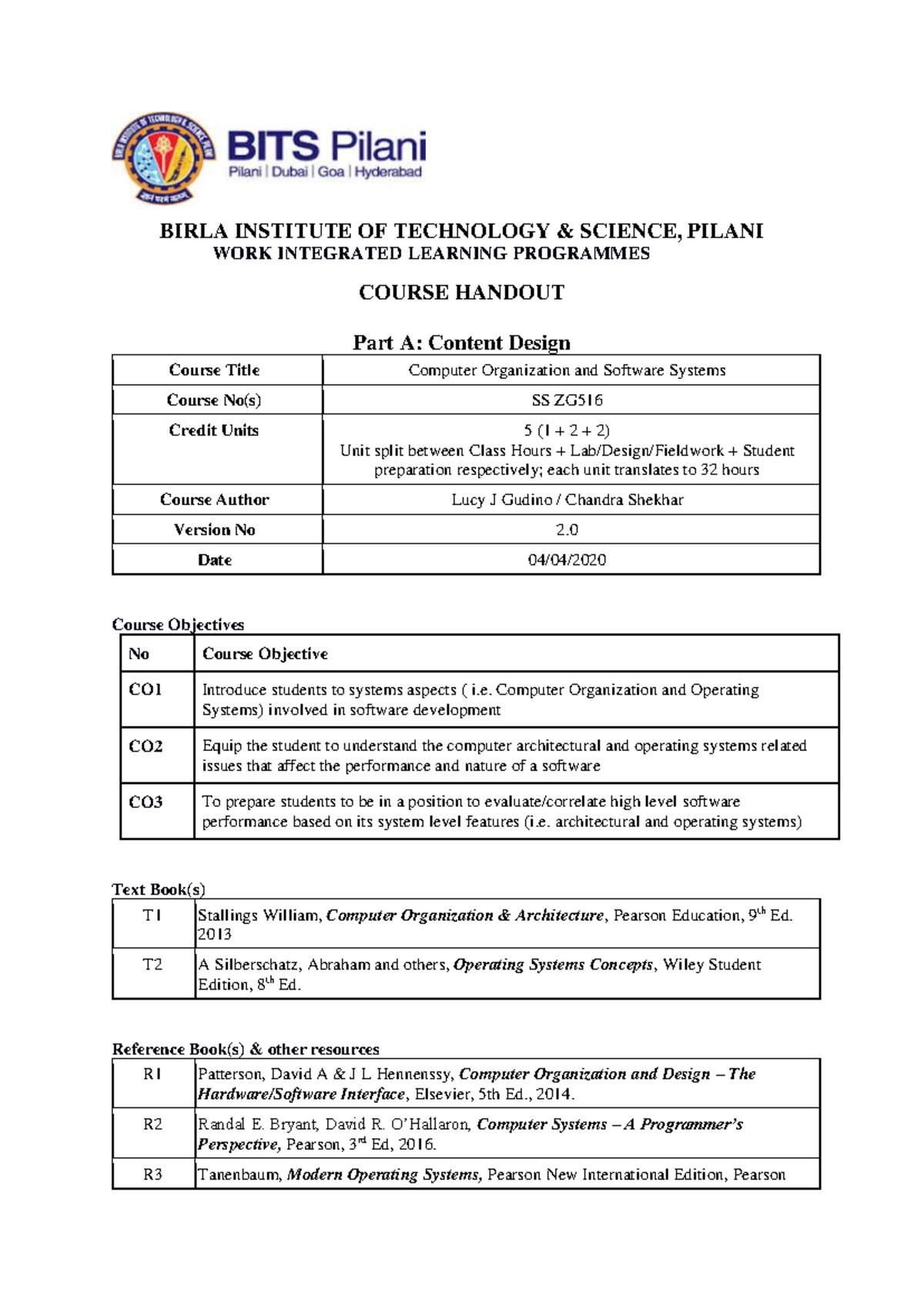 COSS SS ZG Course Handout: Computer Organization & Software Systems ...