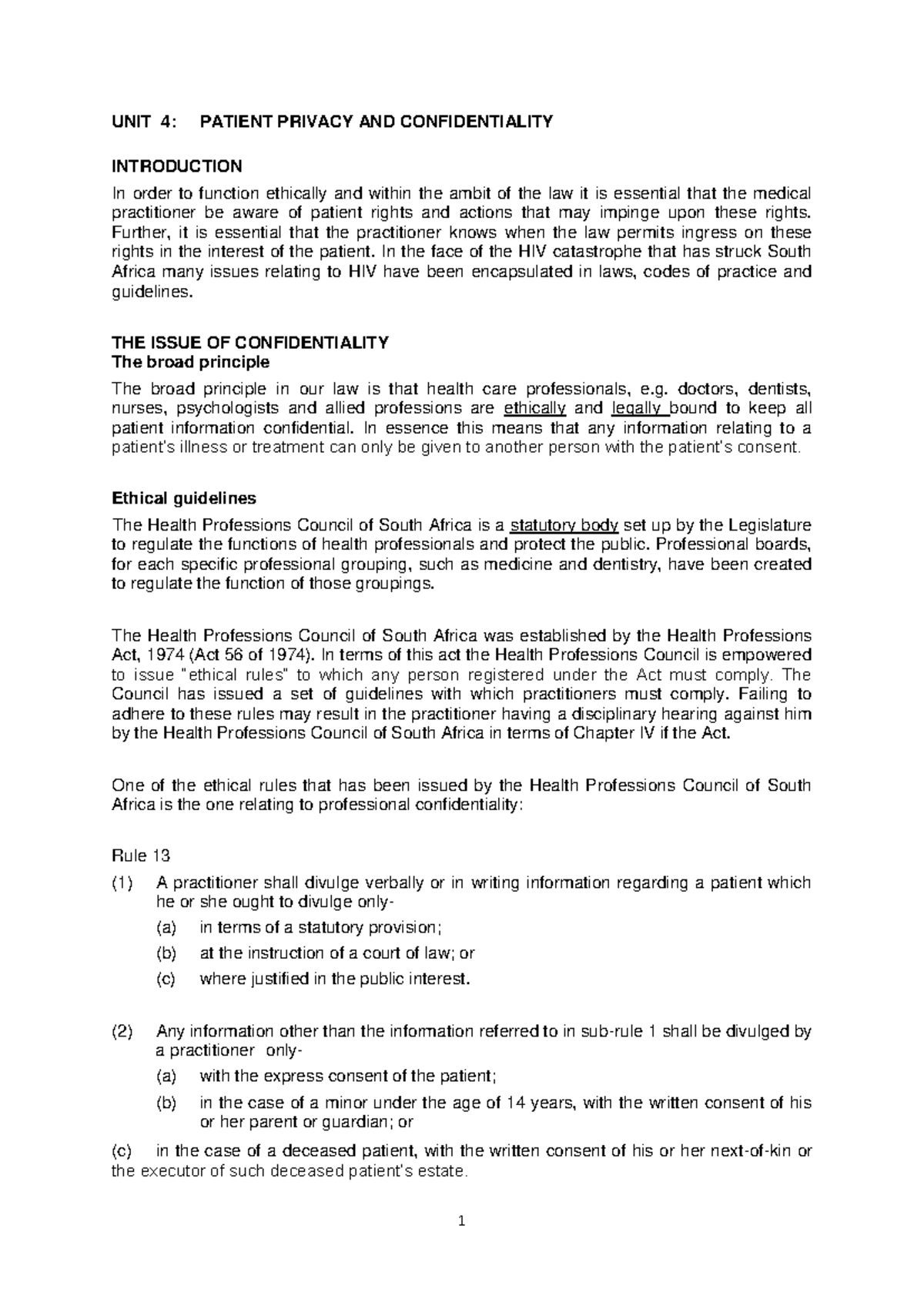 UNIT 4- Patient privacy and confidentiality - UNIT 4: PATIENT PRIVACY ...