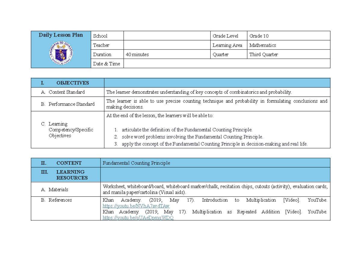DLP - Lesson Plan on Fundamental Counting Principles for Grade 10 - Studocu