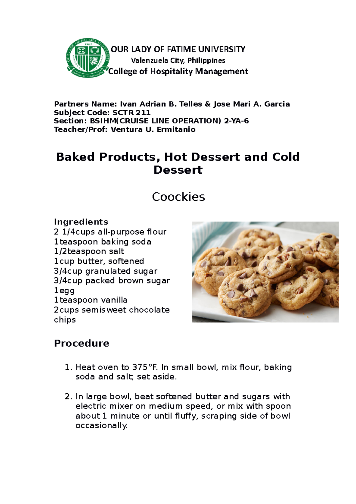 Baked Products, Hot Dessert and Cold Dessert Week 8 F2F - OUR LADY OF ...