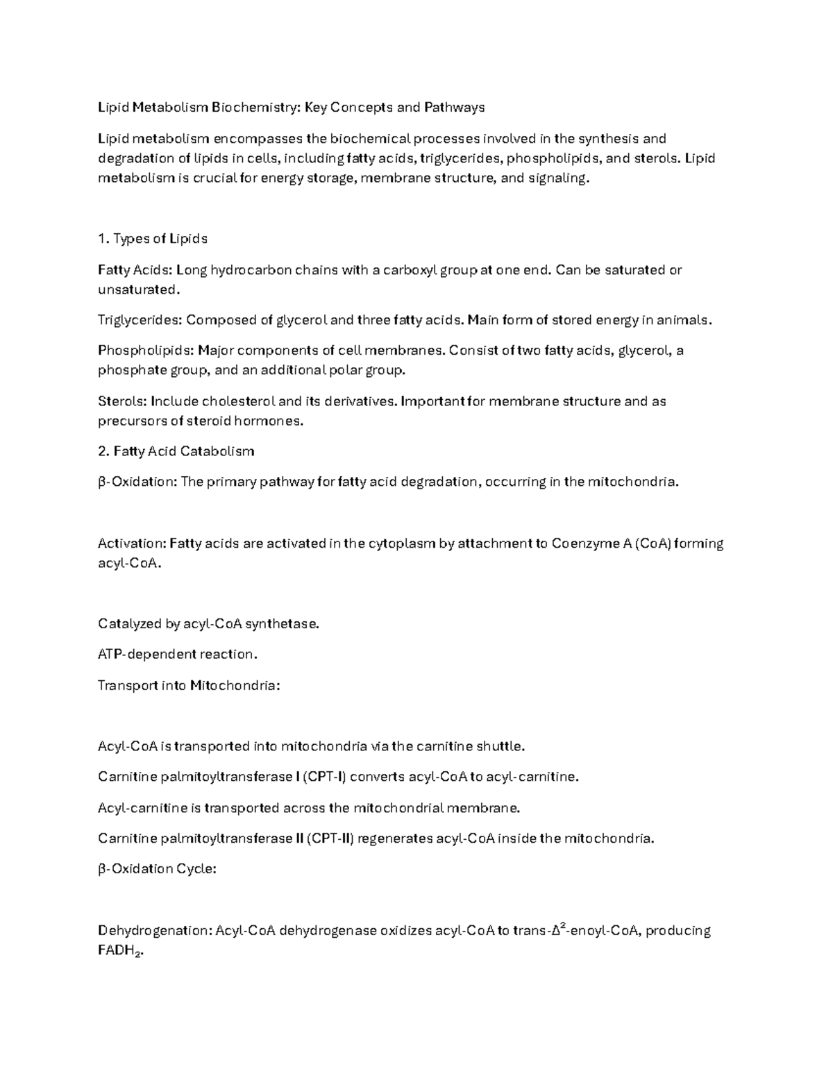 Lipid Metabolism Notes: Key Concepts & Pathways Overview - Studocu