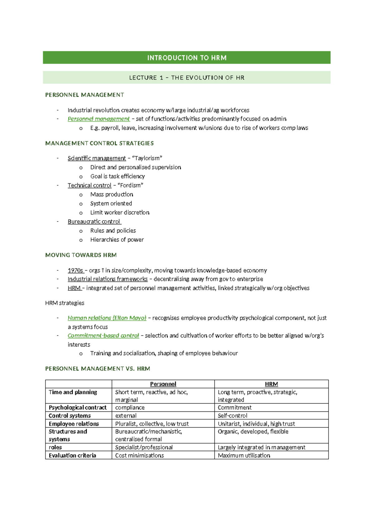 Introduction to HRM LECTURE NOTES: Evolution & Strategies in HRM - Studocu