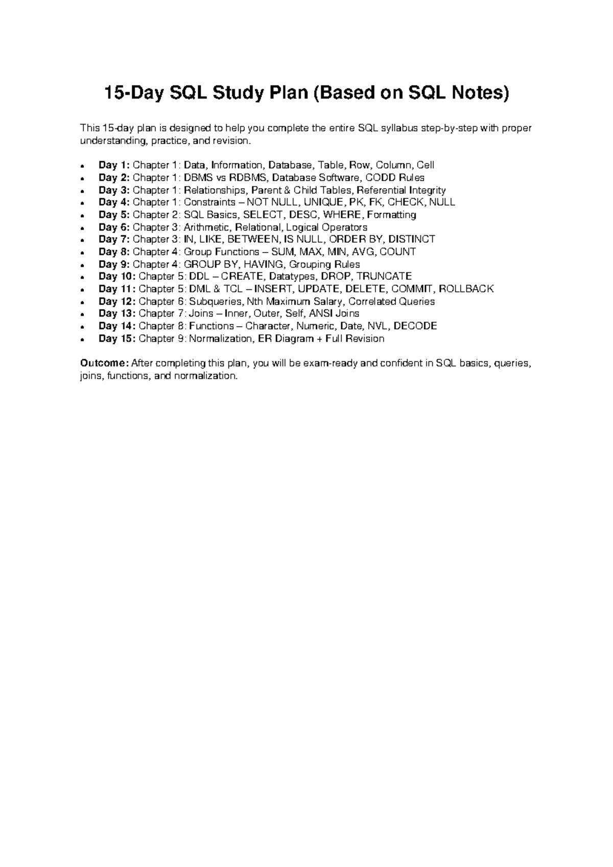 15-Day SQL Study Plan - Comprehensive Syllabus Review - Studocu