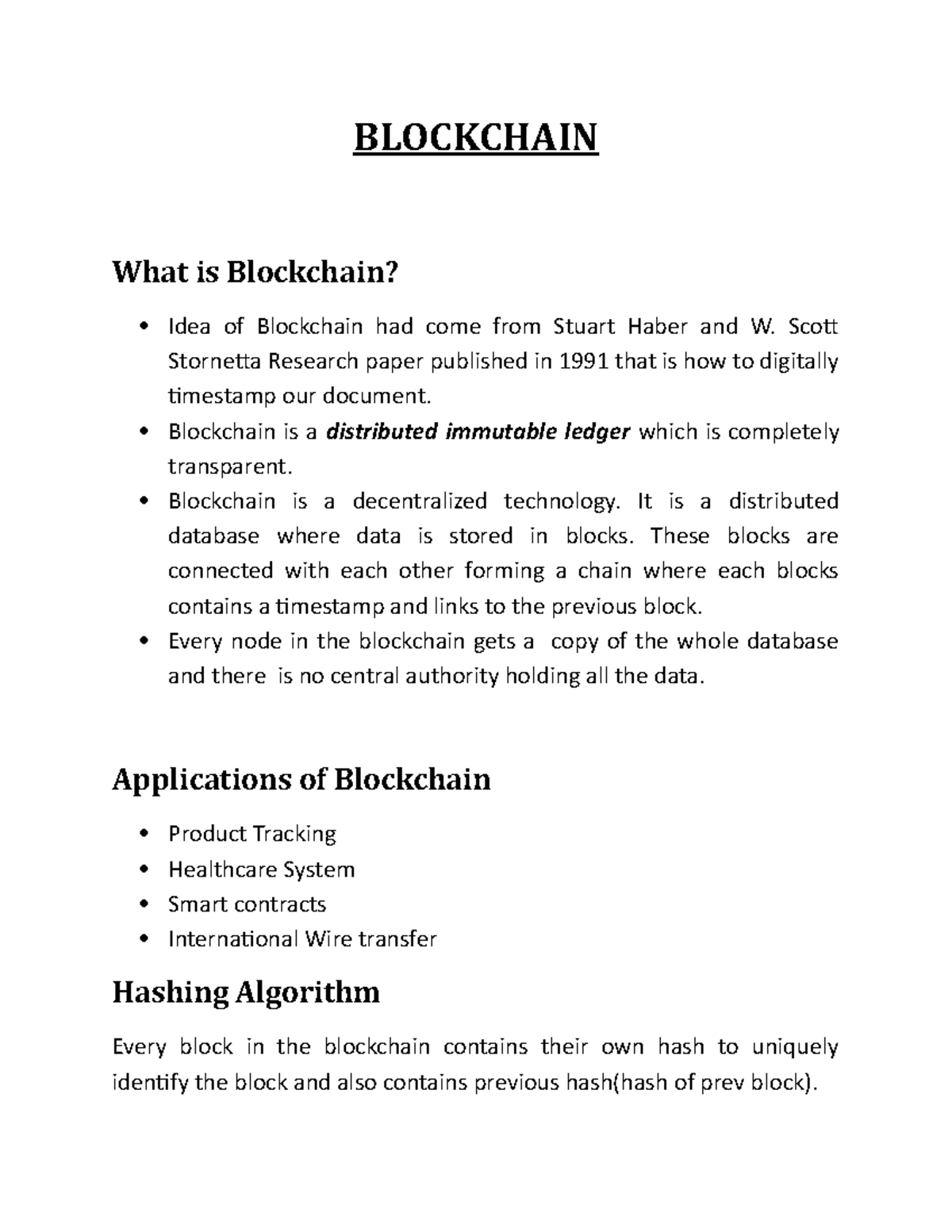 Blockchain Concepts and Applications: Notes for CS101 Lecture - Studocu