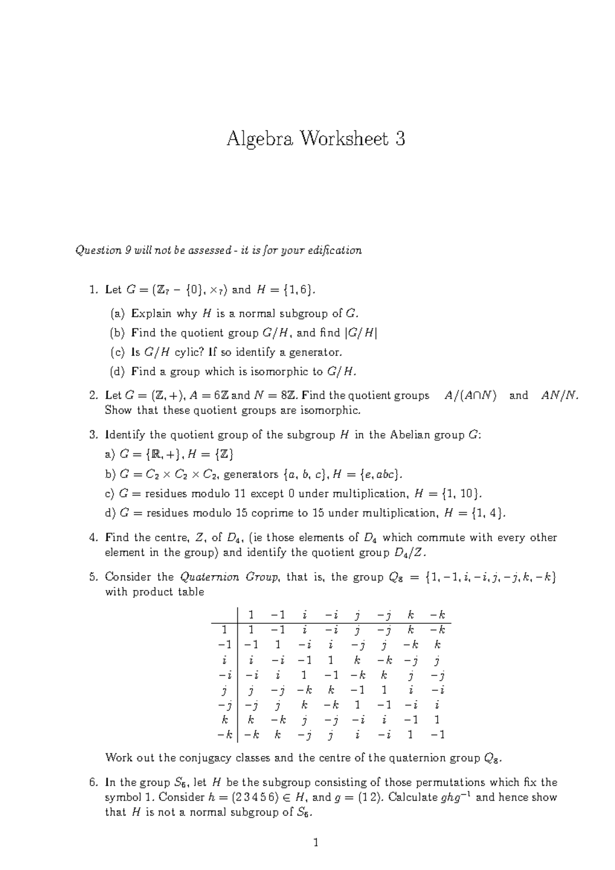 Work Sheet 3 2020 - Algebra Worksheet 3 Question 9 will not be assessed ...
