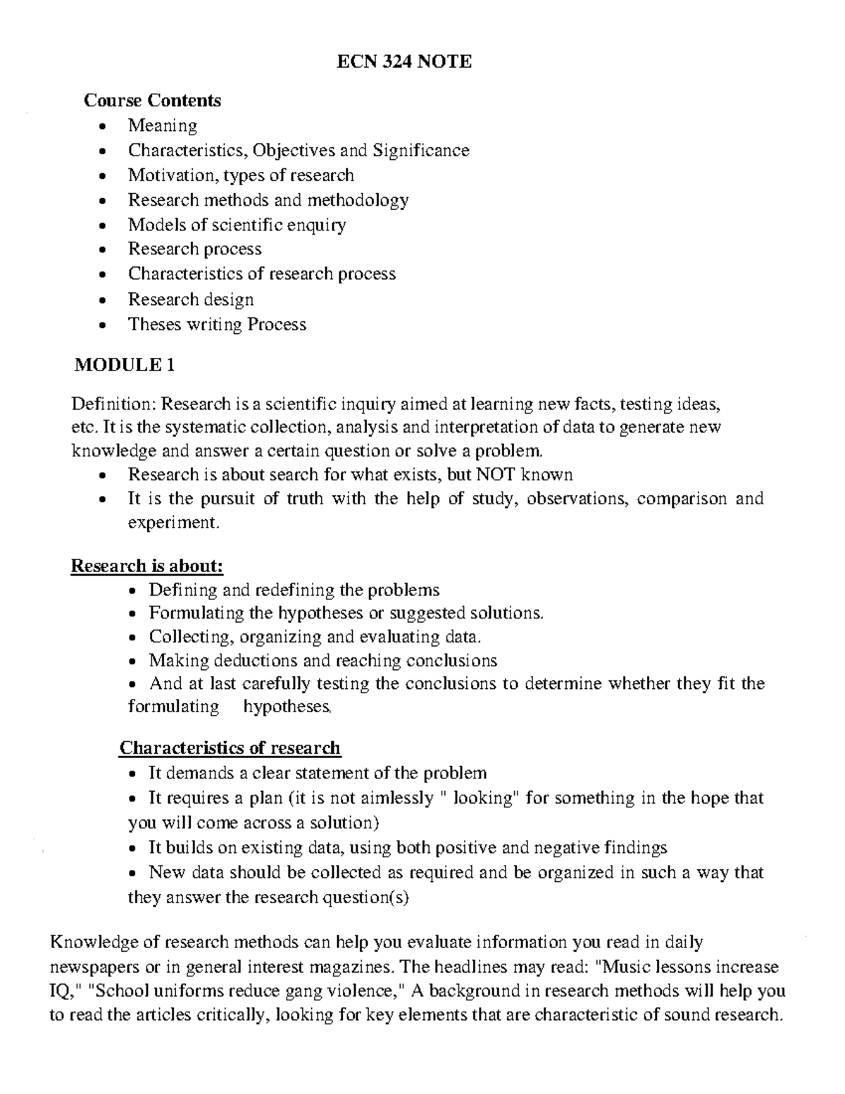 Ecn 324 note - Research methods, characteristics, and significance ...