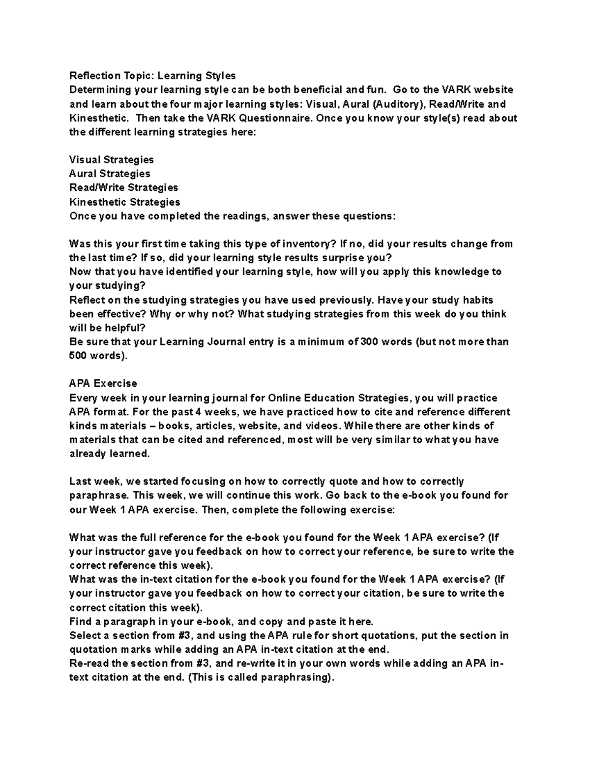 Univ 1001 - Learning Journal Reflection on Learning Styles - Studocu