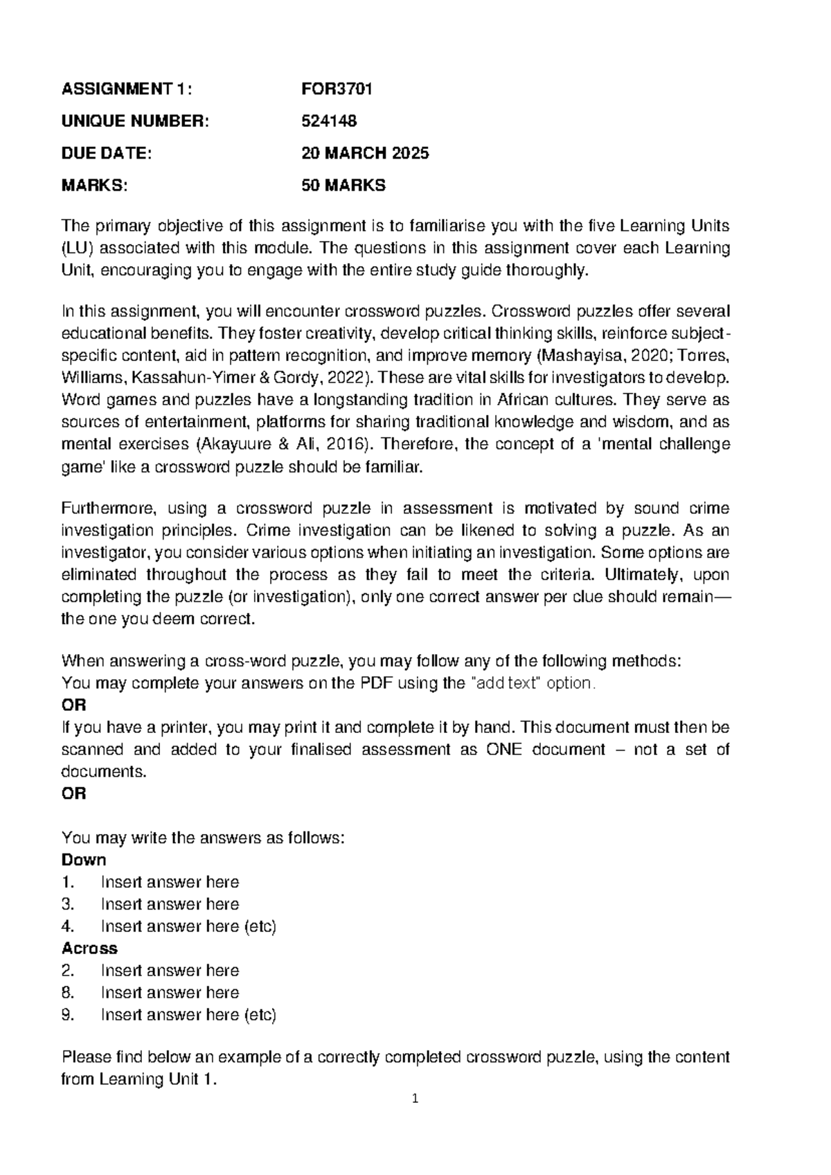 FOR3701 S1 2025 Assignment 1: Crossword Puzzle Assessment - Studocu