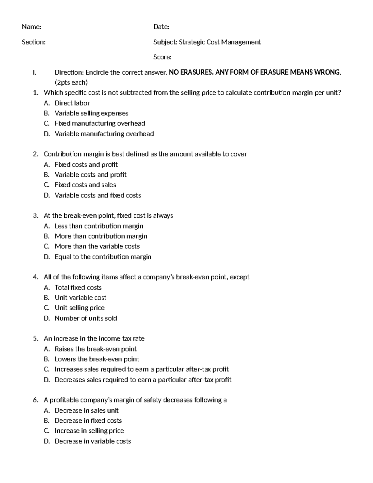 Strategic Cost Management Quiz - Inbound 1458536717438041400 - Studocu