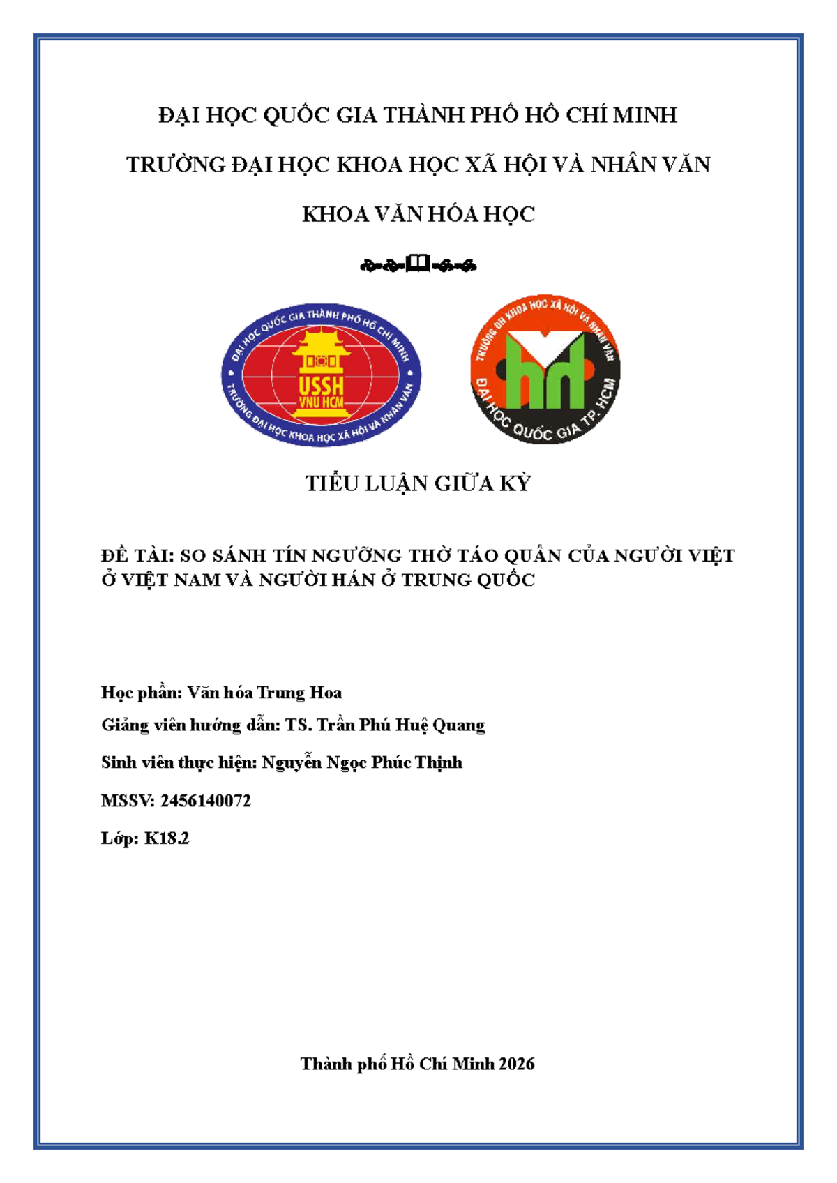 VHTH - Tiểu luận giữa kỳ: So sánh tín ngưỡng thờ Táo quân Việt - Hán ...