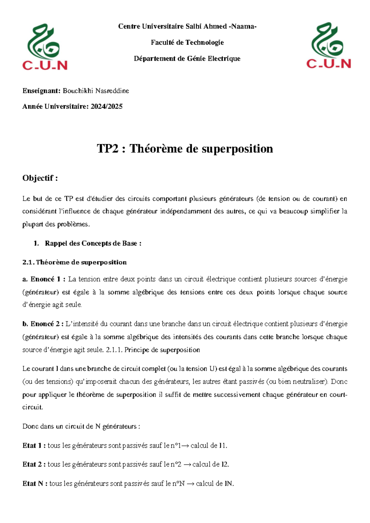 TP 2 - Superposition Theorem in Electrical Circuits ...